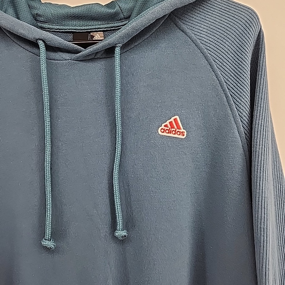 Adidas Women Teal Blue Raglan Ribbed Sleeve Pullover Hoodie Sweatshirt Large